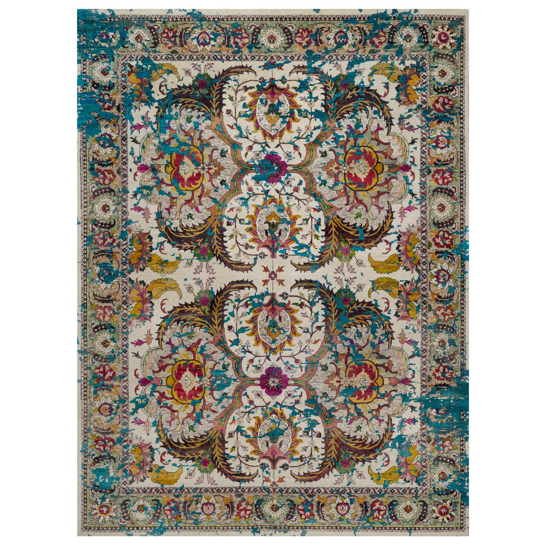 9'x12'2" Vanilla Ice White, Colorful Polonaise Broken Design, Wool and Sari Silk, Hand Knotted, Oriental Rug 